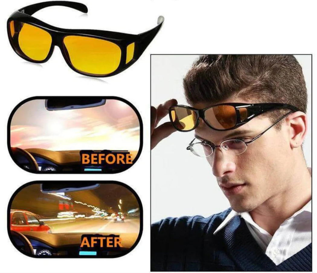 Night HD Vision Driving Anti Glare Eyeglasses with before and after effects on a road scene.